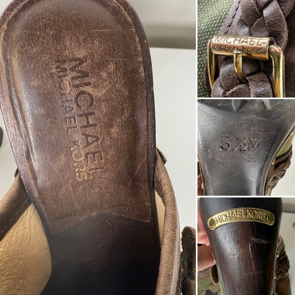 Michael Kors Camo Canvas Leather Clog Mules Heels Studded Buckle Woman’s 5.5M - Picture 12 of 12